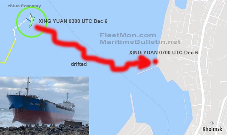 eBlue_economy_Chinese freighter beached by storm in Russian port downtown VIDEO