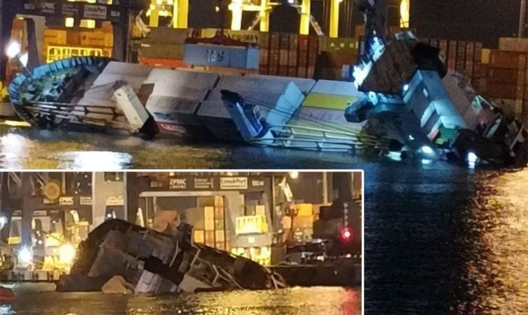 eBlue_economy_Cargo ship with containers capsized at Iskenderun port, VIDEO